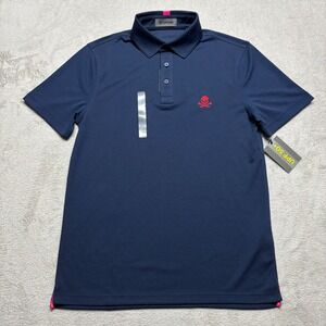 NWT G/FORE Men's S Tech Pique Skull Crossbones Polo Gold Shirt Navy XL MSRP $100
